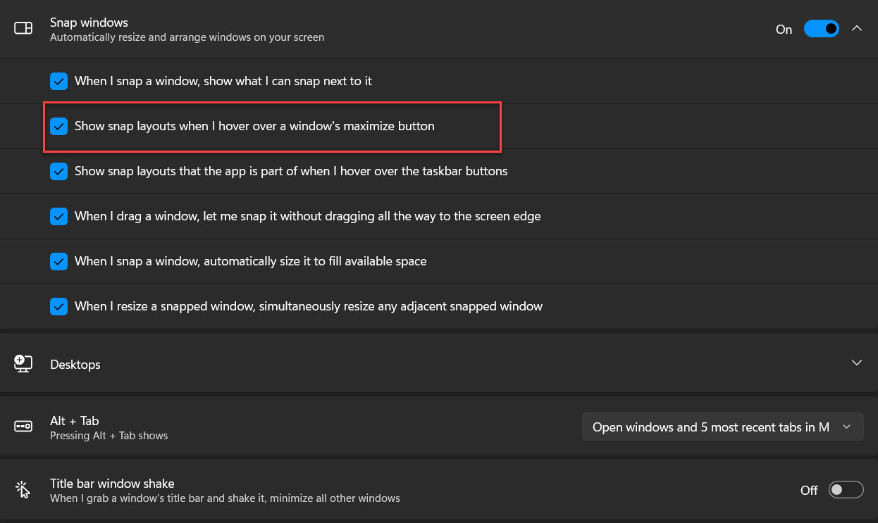 disable snap layouts in Windows 11