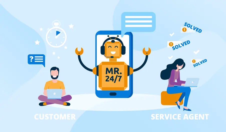 alt="An animated image showing a connection using chatbot between service agent and customer in sales and marketing sector"