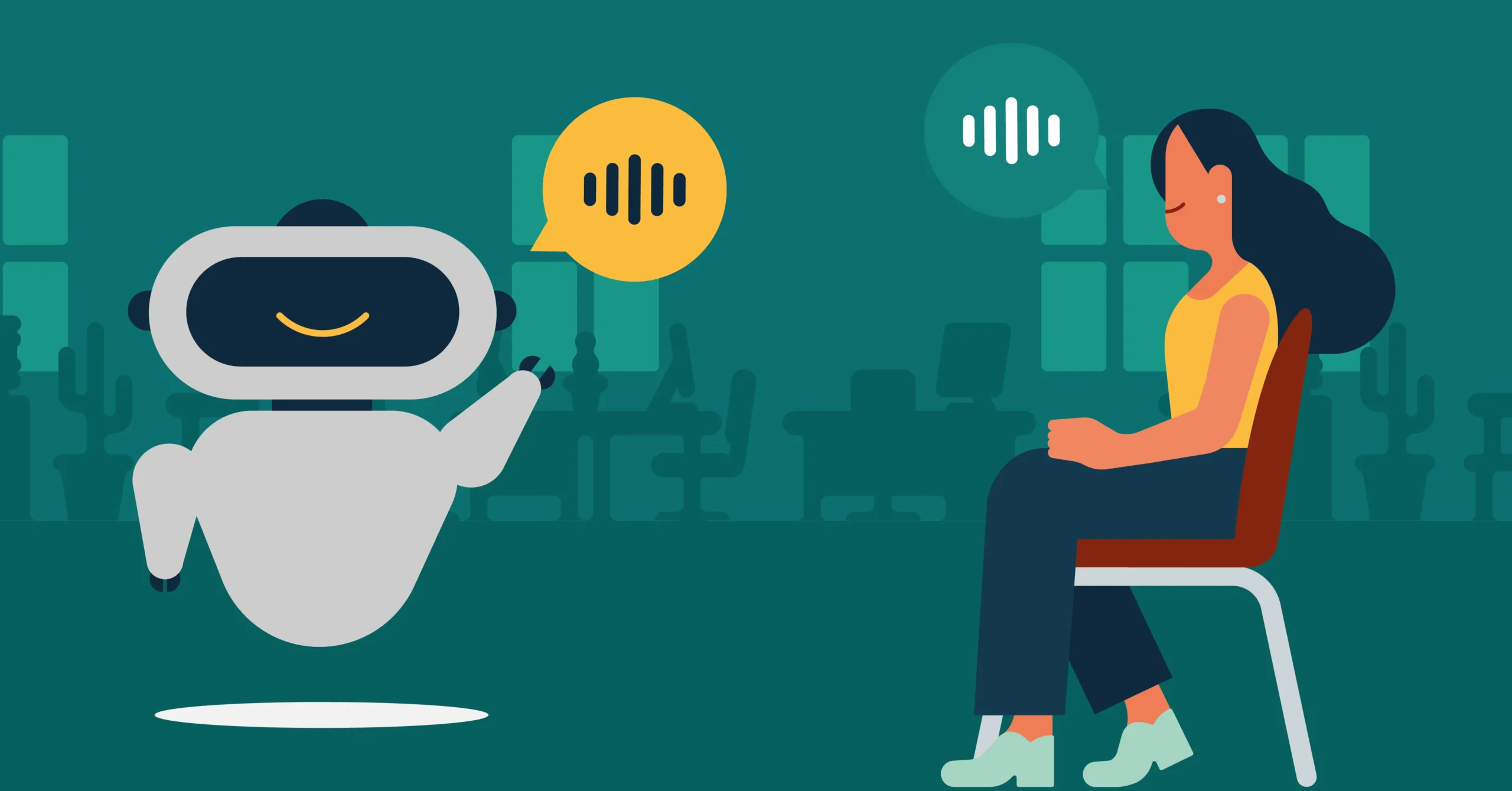 alt="An animated picture of a conversational AI bot talking to a human"
