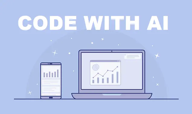 alt="A picture with a mobile phone and laptop and a text saying "Code with ai", this is feature image for the article title "Using ai in software development""