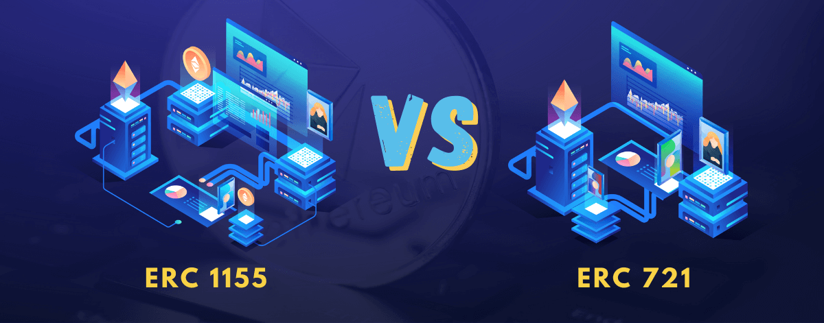 alt="An image with a text saying "ERC-1155 VS ERC-721""