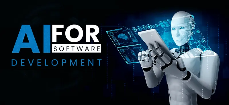 alt="An image of a robot with text on the left side saying "AI for software development""