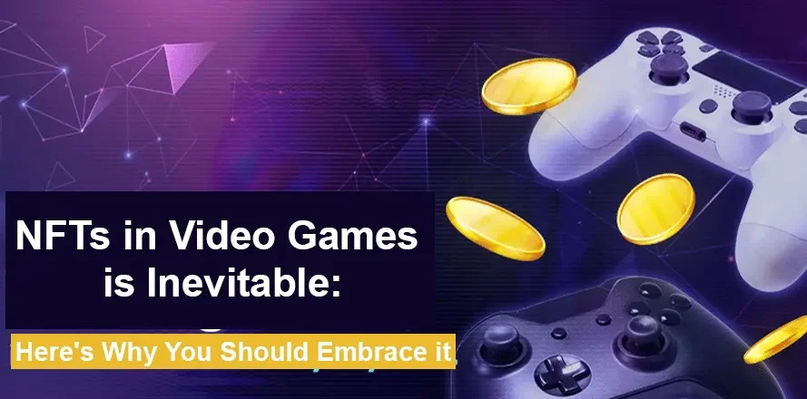 alt="An image with controllers with a text saying "NFTs in Video Games""