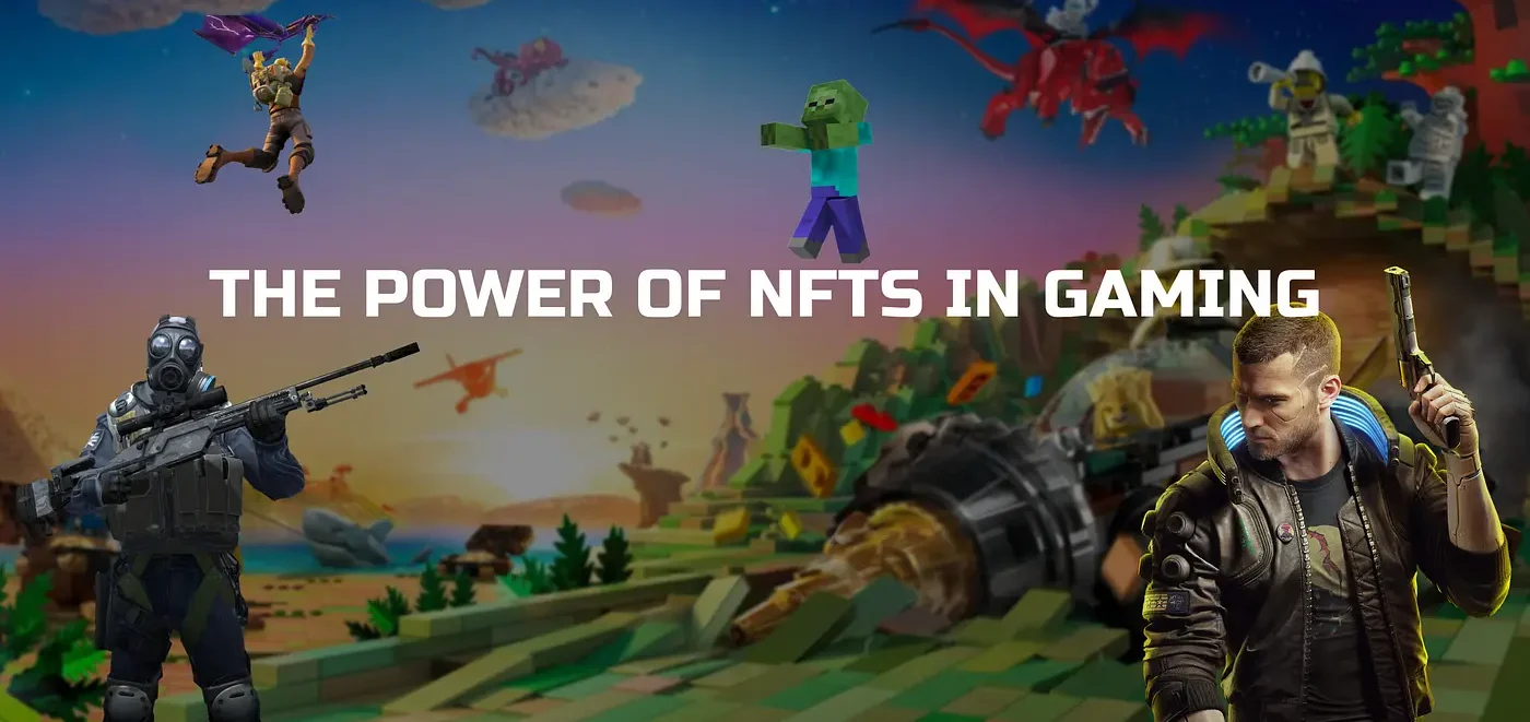 alt="An image with an in-game environment in the back with a text saying "The power of NFTs in Gaming""