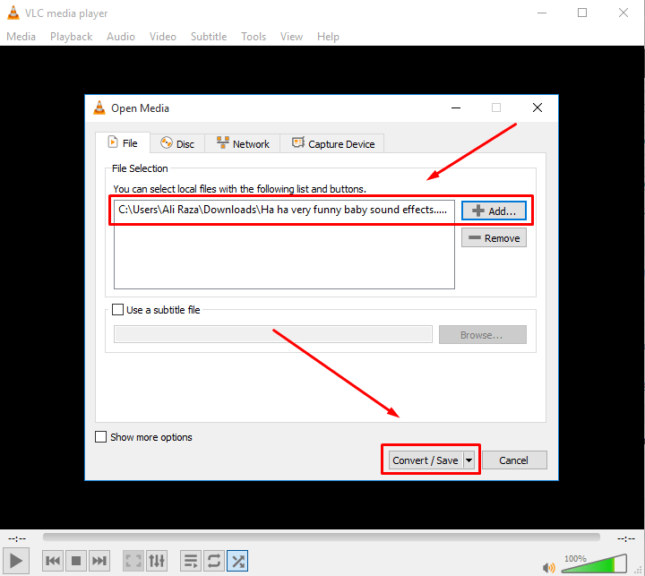  Currently in the Open Media window tap on Add button and Refer or browse to the video file location you want to convert or change and after you have it then click the Convert / Save button.
