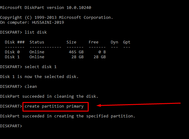 create partition primary