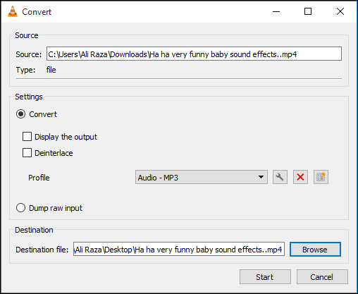 the Convert window opens you should see the source of the video file you want to convert and you will need to browse for a destination for the MP3.