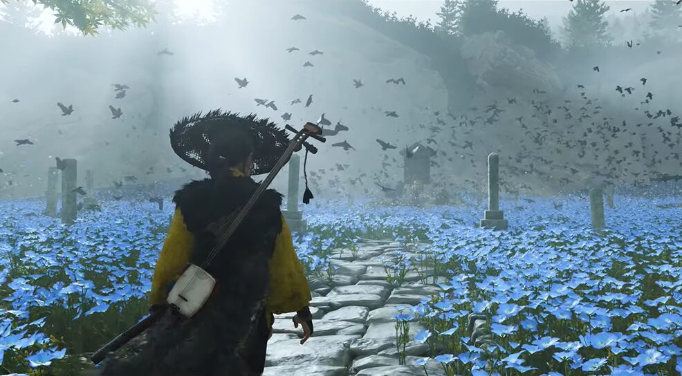 Atsu walking in a flower garden in Ghost of Yotei