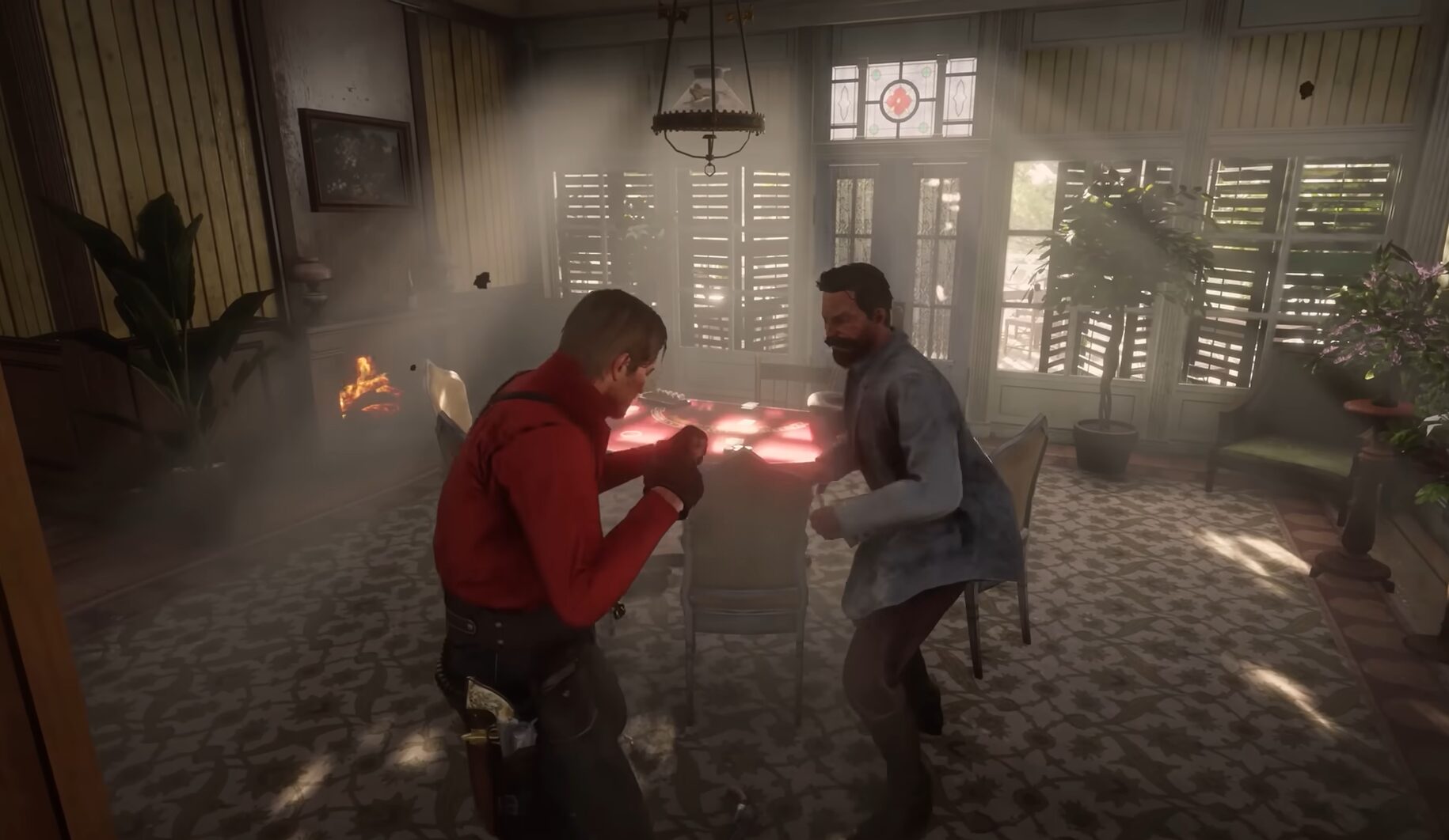 Two mid-age men fighting in a lounge