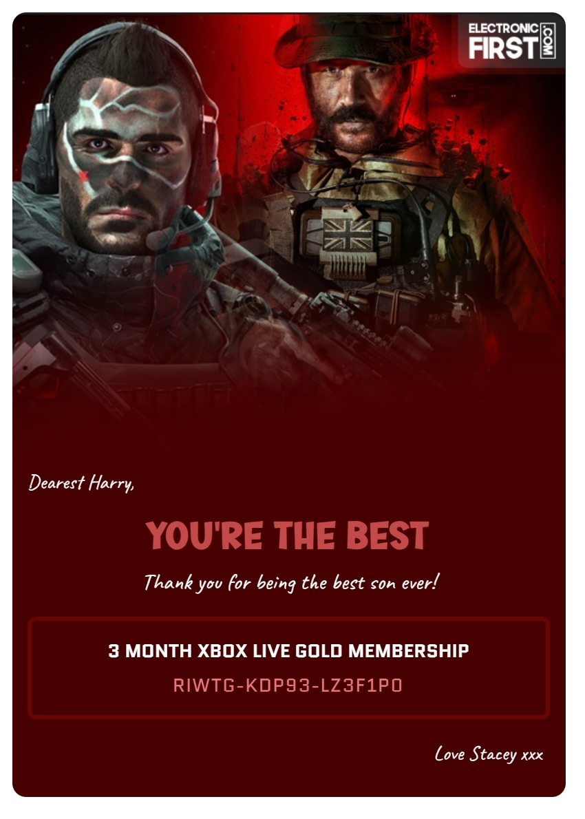 An example of personalised gift card