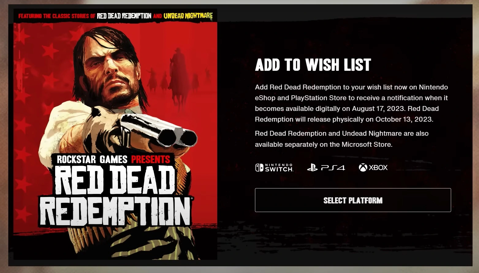 Red Dead Redemption Port- Switch PS4 Xbox