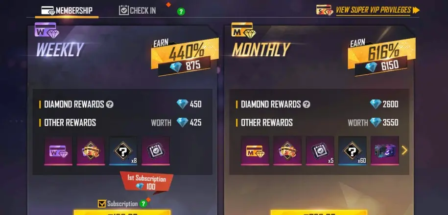 Free Fire Weekly membership and monthly membership rewards pools